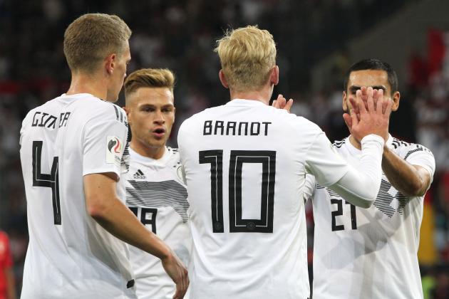 Germany's Julian Brandt (C) celebrates scoring the 1-1 during the international friendly football match Germany versus Peru on September 9, 2018, at the Rhein-Neckar-Arena in Sinsheim, southwestern Germany. (Photo by Daniel ROLAND / AFP) / DFB REGULATIONS PROHIBIT ANY USE OF PHOTOGRAPHS AS IMAGE SEQUENCES AND QUASI-VIDEO.        (Photo credit should read DANIEL ROLAND/AFP/Getty Images)
