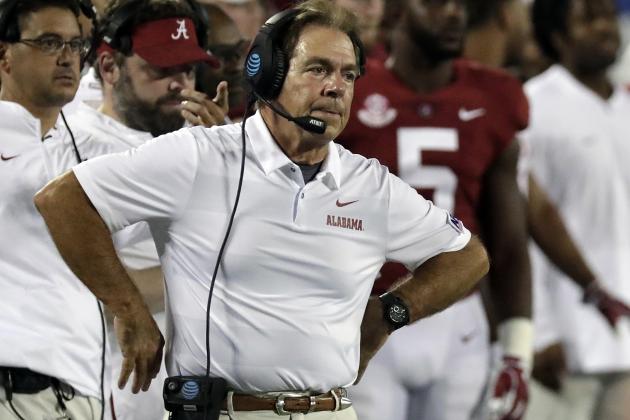 Alabama head coach Nick Saban watches his team against Louisville during the second half of an NCAA college football game, Saturday, Sept. 1, 2018, in Orlando, Fla. (AP Photo/John Raoux)