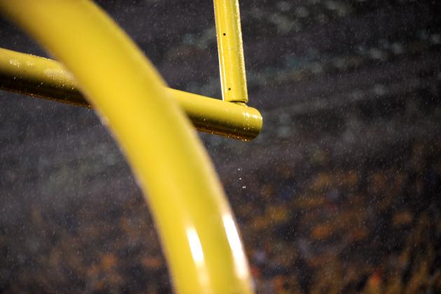 Rain drips off a goalpost during the third quarter of an NCAA college football game between Missouri and Southeastern Louisiana Saturday, Sept. 1, 2012, in Columbia, Mo. (AP Photo/L.G. Patterson)