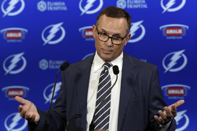 Tampa Bay Lightning general manager Steve Yzerman gestures during a news conference before an NHL hockey game against the Toronto Maple Leafs, Monday, Feb. 26, 2018, in Tampa, Fla. Yzerman was discussing acquiring Ryan McDonagh and J.T. MIller in a trade with the New York Rangers. (AP Photo/Chris O'Meara)