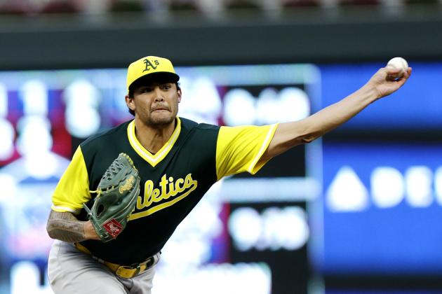 Oakland Athletics pitcher Sean Manaea throws to a Minnesota Twins batter during the first inning of a baseball game Friday, Aug. 24, 2018 in Minneapolis. The Athletics defeated the Twins 7-1. (AP Photo/Andy Clayton-King)