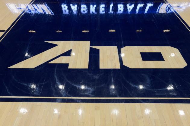WASHINGTON, DC - FEBRUARY 01: The Atlantic Ten logo on the court at the Charles E. Smith Athletic Center on February 1, 2017 in Washington, DC. (Photo by G Fiume/Getty Images)