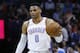 Oklahoma City Thunder guard Russell Westbrook (0) during of an NBA basketball game between the Memphis Grizzlies and the Oklahoma City Thunder in Oklahoma City, Wednesday, April 11, 2018. (AP Photo/Sue Ogrocki)
