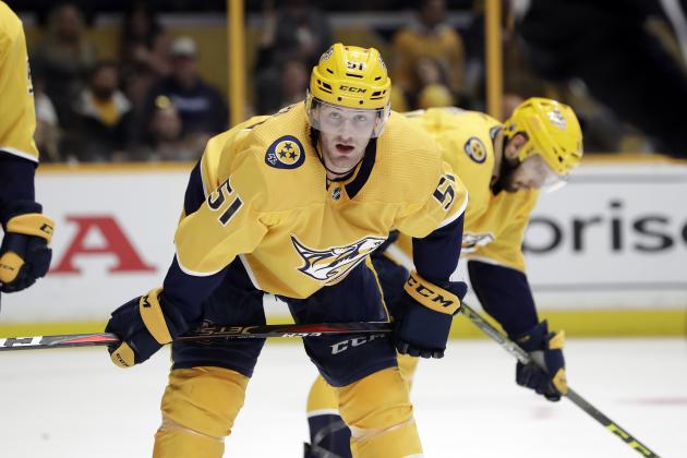 Nashville Predators left wing Austin Watson (51) plays against the Colorado Avalanche during the third period in Game 2 of an NHL hockey first-round playoff series Saturday, April 14, 2018, in Nashville, Tenn. The Predators won 5-4 to take a 2-0 lead in the series. (AP Photo/Mark Humphrey)