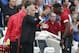 Manchester United's manager Jose Mourinho gestures as he speaks to Paul Pogba during the English Premier League soccer match between Brighton and Hove Albion and Manchester United at the Amex stadium in Brighton, England, Sunday, Aug. 19, 2018. (AP Photo/Alastair Grant)