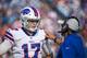 ORCHARD PARK, NY - AUGUST 26: Josh Allen #17 of the Buffalo Bills speaks with a member of the coaching staff during the preseason game against the Cincinnati Bengals at New Era Field on August 26, 2018 in Orchard Park, New York. Cincinnati defeats Buffalo 26-13 in the preseason matchup. (Photo by Brett Carlsen/Getty Images)