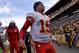 Kansas City Chiefs quarterback Patrick Mahomes (15) walks off the field after defeating the Pittsburgh Steelers in an NFL football game Sunday, Sept. 16, 2018, in Pittsburgh. (AP Photo/Don Wright)