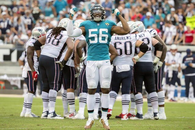 Jacksonville Jaguars defensive end Dante Fowler (56) celebrates a play during the second half of an NFL football game against the New England Patriots, Sunday, Sept. 16, 2018, in Jacksonville, Fla. The Jaguars defeated the Patriots 31-20. (AP Photo/Stephen B. Morton)