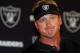 Oakland Raiders head coach Jon Gruden speaks after an NFL football game against the Denver Broncos, Sunday, Sept. 16, 2018, in Denver. The Broncos won 20-19. (AP Photo/David Zalubowski)