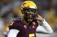 Arizona State quarterback Manny Wilkins (5) walks off the field after a touchdown against UTSA during the second half of an NCAA college football game, Saturday, Sept. 1, 2018, in Tempe, Ariz. (AP Photo/Ralph Freso)
