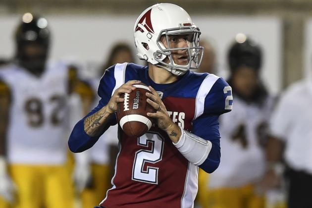 MONTREAL, QC - AUGUST 03:  Quarterback Johnny Manziel #2 of the Montreal Alouettes prepares to play the ball against the Hamilton Tiger-Cats during the CFL game at Percival Molson Stadium on August 3, 2018 in Montreal, Quebec, Canada.  The Hamilton Tiger-Cats defeated the Montreal Alouettes 50-11.  (Photo by Minas Panagiotakis/Getty Images)
