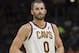 Cleveland Cavaliers' Kevin Love (0) pauses against the Atlanta Hawks during an NBA pre-season basketball game in Cleveland, Wednesday, Oct. 4, 2017. (AP Photo/Phil Long)