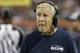 Seattle Seahawks head coach Pete Carroll looks at the scoreboard during the first half of an NFL football game against the Chicago Bears Monday, Sept. 17, 2018, in Chicago. (AP Photo/David Banks)