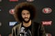 FILE - In this Dec. 24, 2016, file photo San Francisco 49ers quarterback Colin Kaepernick talks during a news conference after an NFL football game against the Los Angeles Rams. The free agent quarterback was named GQ magazine's
