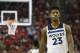 HOUSTON, TX - APRIL 25: Jimmy Butler #23 of the Minnesota Timberwolves reacts in the first half during Game Five of the first round of the 2018 NBA Playoffs against the Houston Rockets at Toyota Center on April 25, 2018 in Houston, Texas. NOTE TO USER: User expressly acknowledges and agrees that, by downloading and or using this photograph, User is consenting to the terms and conditions of the Getty Images License Agreement. (Photo by Tim Warner/Getty Images)
