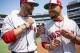 WASHINGTON, DC - JULY 16: J.D. Martinez #28 and Mookie Betts #50 of the Boston Red Sox react during All-Star Workout Day at Nationals Park Monday, July 16, 2018 in Washington, DC. (Photo by Billie Weiss/Boston Red Sox/Getty Images)