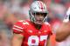 COLUMBUS, OH - SEPTEMBER 1: Nick Bosa # 97 of the Ohio State Buckeyes defends against the Oregon State Beavers at the Ohio Stadium on September 1, 2018 in Columbus, Ohio. Ohio State beat the state of Oregon 77-31. (Photo by Jamie Sabau / Getty Images)