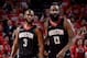HOUSTON, TX - MAY 14: Chris Paul #3 and James Harden #13 of the Houston Rockets during the game against the Golden State Warriors in Game One of the Western Conference Finals of the 2018 NBA Playoffs on May 14, 2018 at the Toyota Center in Houston, Texas. NOTE TO USER: User expressly acknowledges and agrees that, by downloading and or using this photograph, User is consenting to the terms and conditions of the Getty Images License Agreement. Mandatory Copyright Notice: Copyright 2018 NBAE (Photo by Bill Baptist/NBAE via Getty Images)