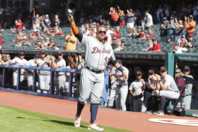 CLEVELAND, OH - SEPTEMBER 15:  Victor Martinez #41 of the Detroit Tigers waves to the Cleveland Indians crowd after receiving a plaque honoring his announced retirement during a pre-game ceremony before the start of the game against the Detroit Tigers at Progressive Field on September 15, 2018 in Cleveland, Ohio. (Photo by David Maxwell/Getty Images)