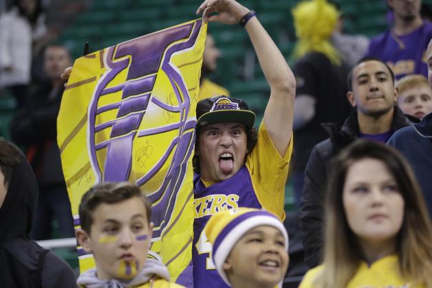 A Los Angeles Lakers fans shows his support before the start of their NBA basketball game against the Utah Jazz Friday, Jan. 16, 2015, in Salt Lake City. (AP Photo/Rick Bowmer)