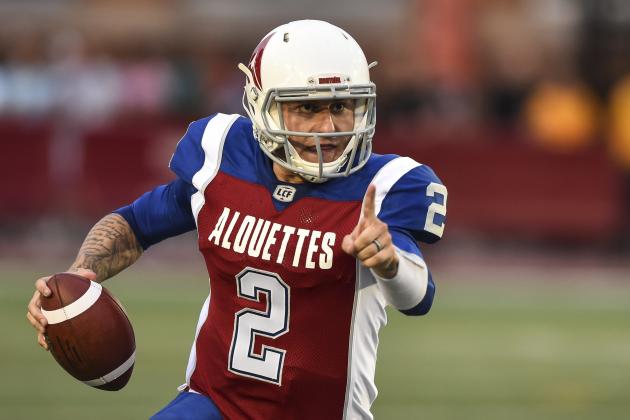 MONTREAL, QC - AUGUST 03:  Quarterback Johnny Manziel #2 of the Montreal Alouettes runs with the ball against the Hamilton Tiger-Cats during the CFL game at Percival Molson Stadium on August 3, 2018 in Montreal, Quebec, Canada.  The Hamilton Tiger-Cats defeated the Montreal Alouettes 50-11.  (Photo by Minas Panagiotakis/Getty Images)