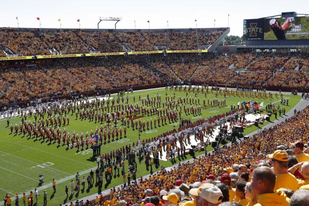 The Iowa State Marching Band spells out