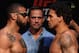 SAO PAULO, BRAZIL - SEPTEMBER 21: (L-R) Opponents Thiago Santos of Brazil and Eryk Anders of the United States face off during the UFC Fight Night weigh-in at Ibirapuera Gymnasium on September 21, 2018 in Sao Paulo, Brazil. (Photo by Buda Mendes/Zuffa LLC/Zuffa LLC via Getty Images)