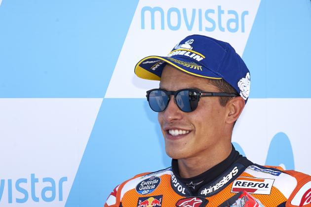 ALCANIZ, TERUEL - SEPTEMBER 22:  Marc Marquez of Spain and Repsol Honda Team celebrates the third position in MotoGP at the end of the qualifying practice during the MotoGP of Aragon - Qualifying at Motorland Aragon Circuit on September 22, 2018 in Alcaniz, Spain.  (Photo by Quality Sport Images/Getty Images)