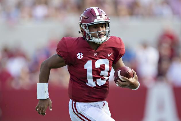 TUSCALOOSA, AL - SEPTEMBER 22:  Tua Tagovailoa #13 of the Alabama Crimson Tide runs the ball during a game against the Texas A&M Aggies at Bryant-Denny Stadium on September 22, 2018 in Tuscaloosa, Alabama.  The Crimson Tide defeated the Aggies 45-23.  (Photo by Wesley Hitt/Getty Images)