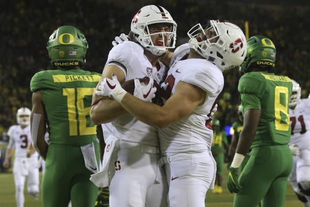 Stanford's Colby Parkinson, front left, and Kaden Smith celebrate a Stanford touchdown in overtime that put the team ahead for good against Oregon in an NCAA college football game Saturday, Sept. 22, 2018, in Eugene, Ore. Stanford won 38-31. (AP Photo/Chris Pietsch)