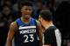 MINNEAPOLIS, MN - APRIL 23: Jimmy Butler #23 of the Minnesota Timberwolves reacts to being called for a foul against the Houston Rockets during the third quarter in Game Four of Round One of the 2018 NBA Playoffs on April 23, 2018 at the Target Center in Minneapolis, Minnesota. The Rockets defeated the Timberwolves 119-100. NOTE TO USER: User expressly acknowledges and agrees that, by downloading and or using this Photograph, user is consenting to the terms and conditions of the Getty Images License Agreement. (Photo by Hannah Foslien/Getty Images)