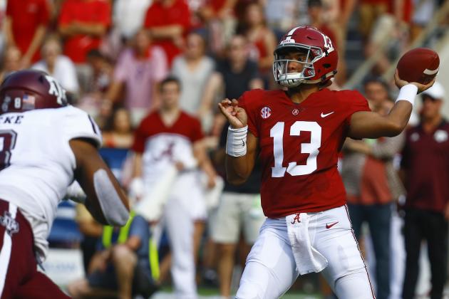 Alabama quarterback Tua Tagovailoa (13) throws a pass against Texas A&M during the first half of an NCAA college football game, Saturday, Sept. 22, 2018, in Tuscaloosa, Ala. (AP Photo/Butch Dill)