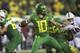Oregon's Justin Herbert drops back to pass against Stanford during the third quarter an NCAA college football game Saturday, Sept. 22, 2018, in Eugene, Ore. (AP Photo/Chris Pietsch)