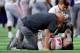ARLINGTON, TX - SEPTEMBER 15: Nick Bosa #97 of the Ohio State Buckeyes lays on the field after being injured in the third quarter against the TCU Horned Frogs during The AdvoCare Showdown at AT&T Stadium on September 15, 2018 in Arlington, Texas. (Photo by Tom Pennington/Getty Images)