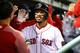 BOSTON, MA - SEPTEMBER 24: Mookie Betts #50 of the Boston Red Sox returns to the dugout after hitting a two-run home run in the second inning of a game against the Baltimore Orioles at Fenway Park on September 24, 2018 in Boston, Massachusetts. (Photo by Adam Glanzman/Getty Images)