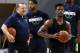 SHENZHEN, CHINA - OCTOBER 04: Head coach Tom Thibodeau(L) and Jimmy Butler #23 of the Minnesota Timberwolves looks on during practice at Shenzhen Gymnasium as part of 2017 NBA Global Games China on October 4, 2017 in Shenzhen, China. (Photo by Zhong Zhi/Getty Images)