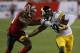 Pittsburgh Steelers wide receiver JuJu Smith-Schuster (19) works against Tampa Bay Buccaneers cornerback M.J. Stewart during the first half of an NFL football game Monday, Sept. 24, 2018, in Tampa, Fla. (AP Photo/Mark LoMoglio)
