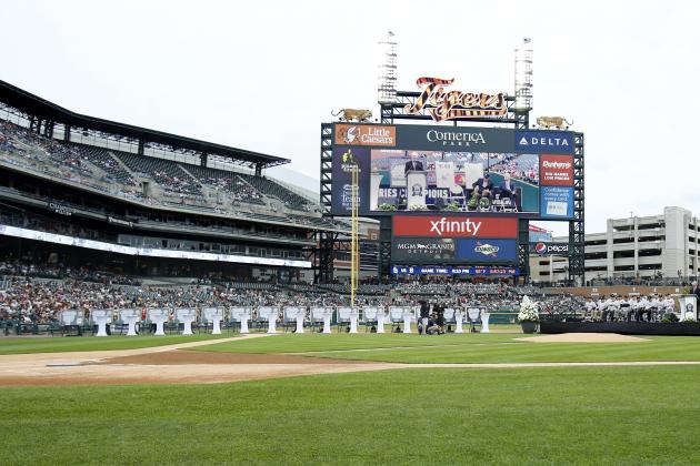 The 1968 World Series Championship team is honored in a 50th Anniversary ceremony before the Tigers baseball game against the St. Louis Cardinals at Comerica Park Saturday, Sept. 8, 2018, in Detroit. (AP Photo/Duane Burleson)