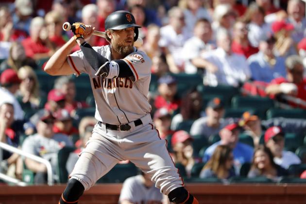 San Francisco Giants' Hunter Pence bats during a baseball game against the St. Louis Cardinals Saturday, Sept. 22, 2018, in St. Louis. (AP Photo/Jeff Roberson)
