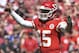 Kansas City Chiefs quarterback Patrick Mahomes (15) reacts to his second touchdown pass against the San Francisco 49ers in an NFL football game, in Kansas City, Mo, Sunday, Sept. 23, 2018. (AP Photo/Ed Zurga)