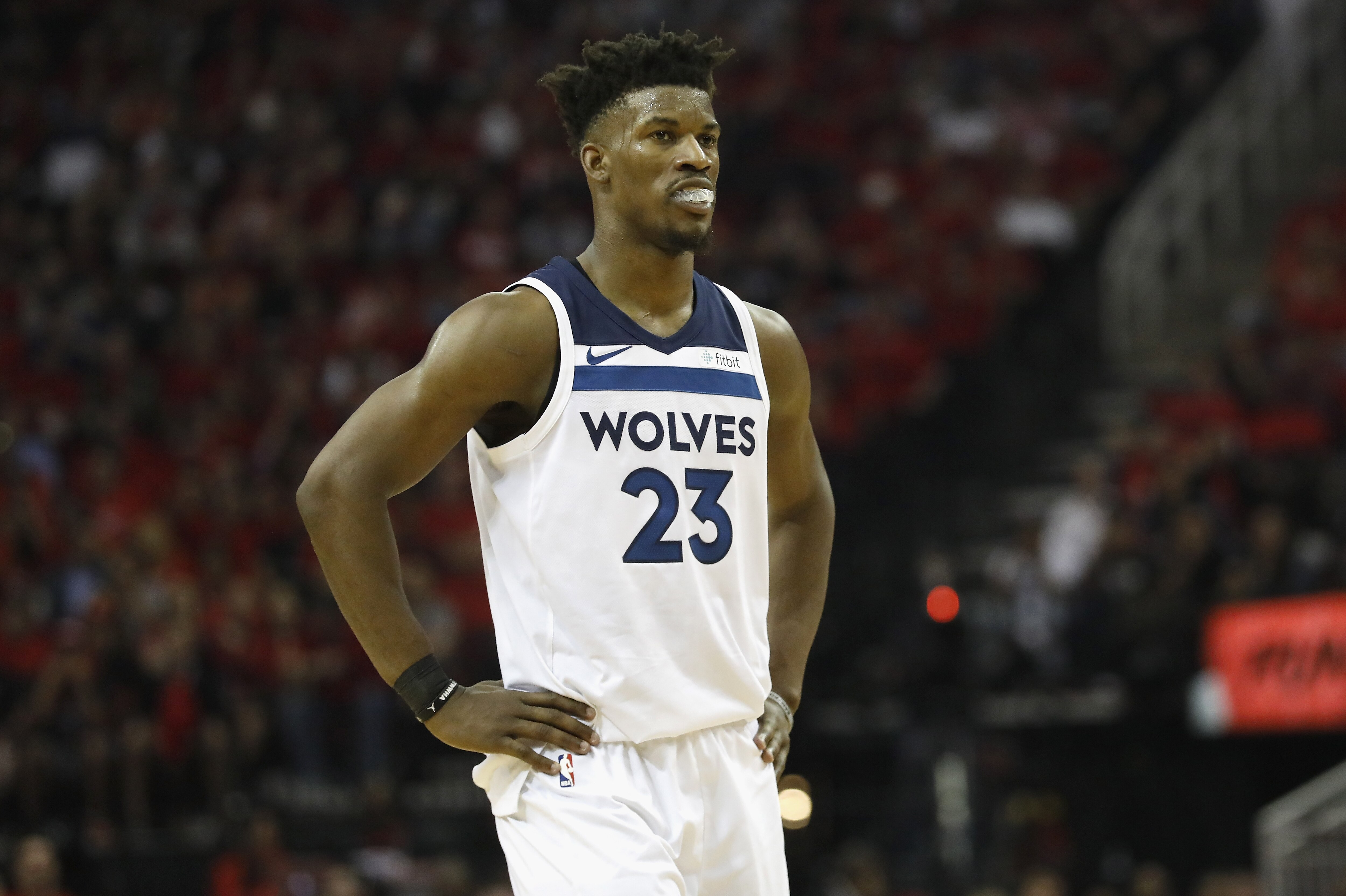 HOUSTON, TX - APRIL 25:  Jimmy Butler #23 of the Minnesota Timberwolves reacts in the second half during Game Five of the first round of the 2018 NBA Playoffs against the Houston Rockets at Toyota Center on April 25, 2018 in Houston, Texas.  NOTE TO USER: User expressly acknowledges and agrees that, by downloading and or using this photograph, User is consenting to the terms and conditions of the Getty Images License Agreement.  (Photo by Tim Warner/Getty Images)