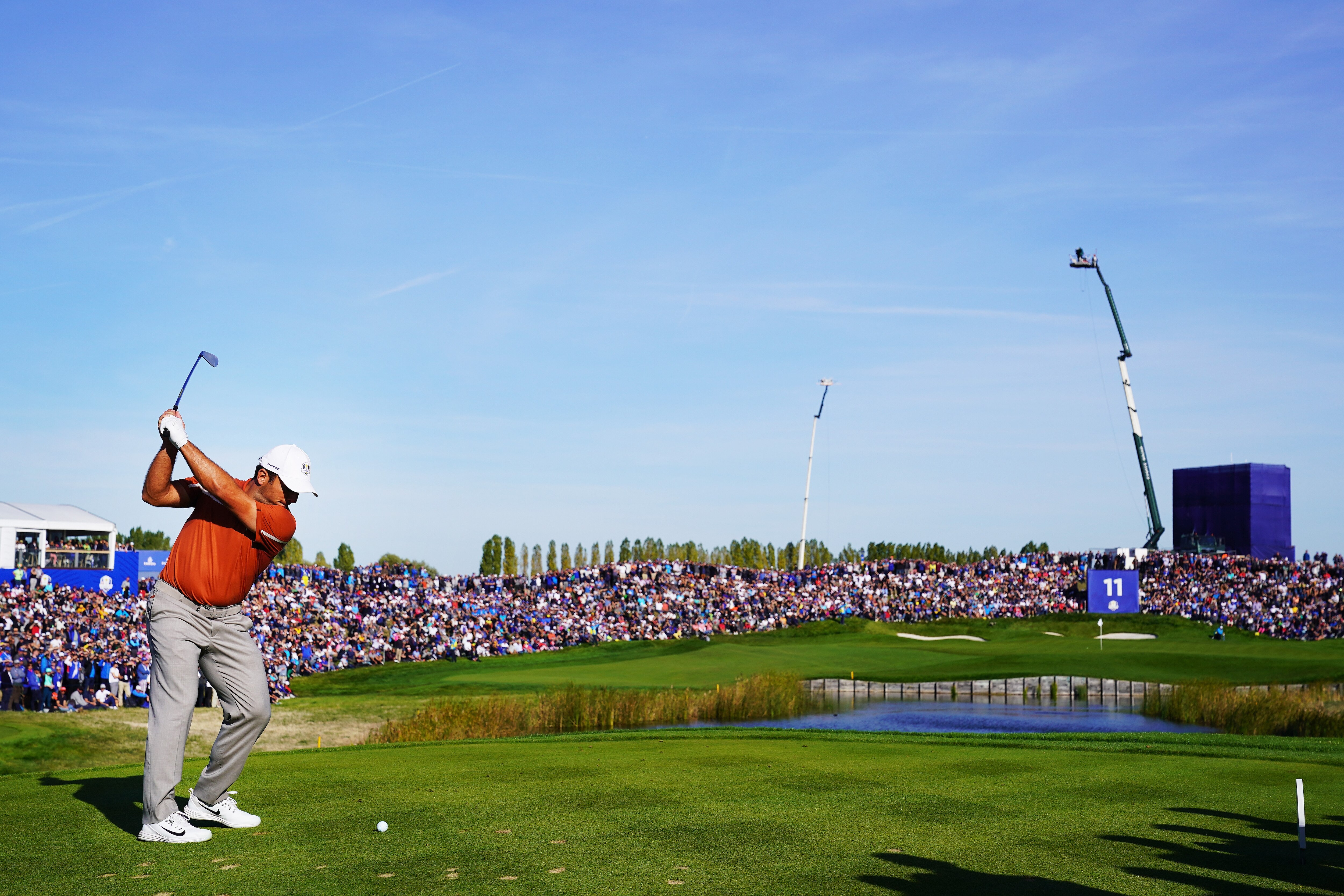 PARIS, FRANCE - SEPTEMBER 29:  Francesco Molinari of Europe tees off during the afternoon foursome matches of the 2018 Ryder Cup at Le Golf National on September 29, 2018 in Paris, France.  (Photo by Stuart Franklin/Getty Images)