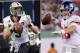 FILE - At left, in a Sept. 23, 2018, file photo, New Orleans Saints quarterback Drew Brees (9) works against the Atlanta Falcons during the first half of an NFL football game, in Atlanta. At right, in an Aug. 24, 2018, file photo, New York Giants quarterback Eli Manning (10) looks to pass against the New York Jets during the first half of an NFL football game, in East Rutherford, N.J. The Saints play at the Giants on Sunday, Sept. 30. (AP Photo/File)