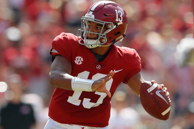 TUSCALOOSA, AL - SEPTEMBER 29:  Tua Tagovailoa #13 of the Alabama Crimson Tide looks to pass against the Louisiana Ragin Cajuns at Bryant-Denny Stadium on September 29, 2018 in Tuscaloosa, Alabama.  (Photo by Kevin C. Cox/Getty Images)
