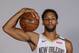 New Orleans Pelicans center Jahlil Okafor (8) poses for a photograph during media day at the NBA basketball team's practice facility in Metairie, La., Monday, Sept. 24, 2018. (AP Photo/Matthew Hinton)