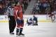 Washington Capitals right wing Tom Wilson (43) is escorted by an official off the ice after he checked St. Louis Blues center Oskar Sundqvist, on ice at back center, during the second period of an NHL preseason hockey game, Sunday, Sept. 30, 2018, in Washington. (AP Photo/Nick Wass)