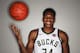 Milwaukee Bucks' Giannis Antetokounmpo poses for a photograph during media day at the NBA basketball team's new arena Monday, Sept. 24, 2018, in Milwaukee. (AP Photo/Morry Gash)