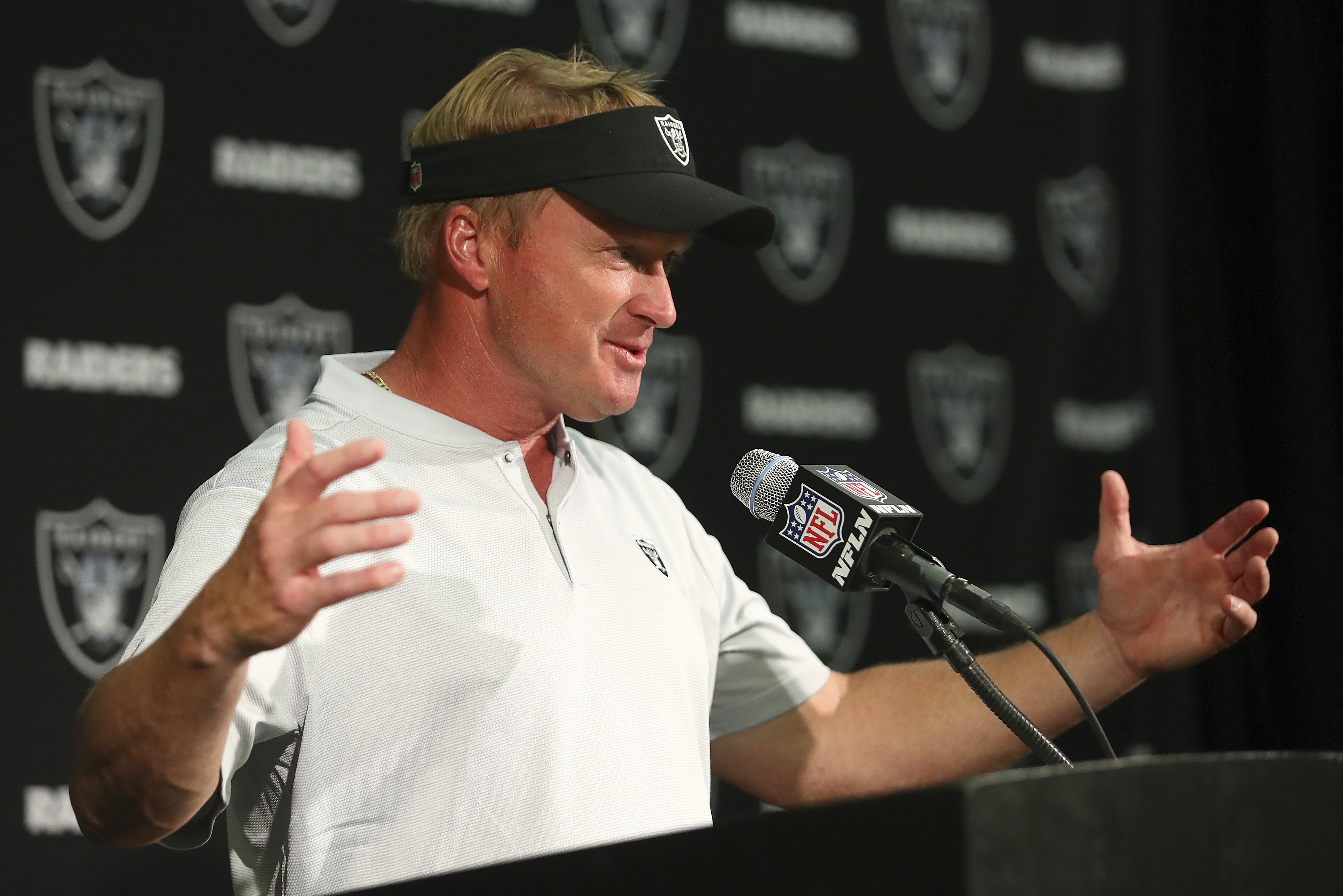 Oakland Raiders head coach Jon Gruden speaks at a news conference after an NFL football game against the Cleveland Browns in Oakland, Calif., Sunday, Sept. 30, 2018. (AP Photo/Ben Margot)