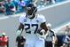 JACKSONVILLE, FL - SEPTEMBER 30: Leonard Fournette #27 of the Jacksonville Jaguars runs for yardage during the game against the New York Jets on September 30, 2018 in Jacksonville, Florida. (Photo by Sam Greenwood/Getty Images)