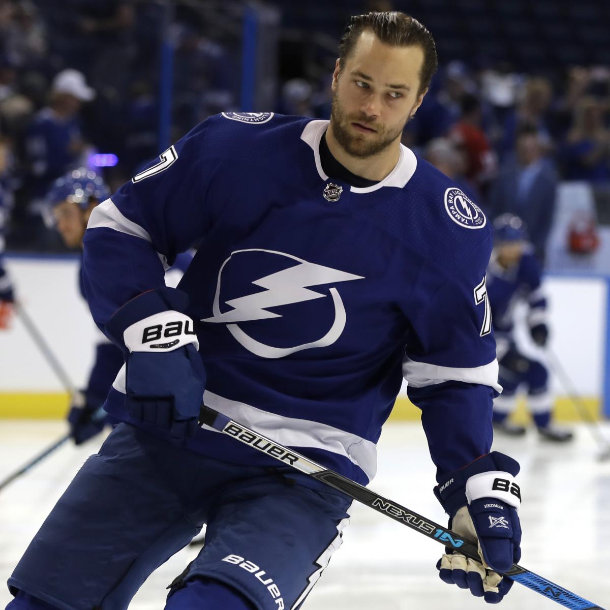 Tampa Bay Lightning's Victor Hedman, of Sweden, warms up in his Hockey  Fights Cancer jersey, before the team's NHL hockey game against the  Carolina Hurricanes on Tuesday, April 20, 2021, in Tampa